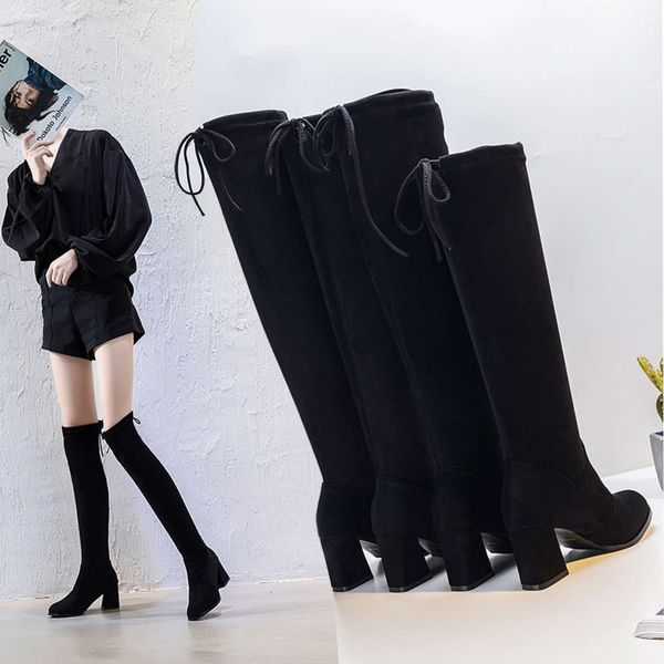 

small 145-162 elastic knee boots women's style slim fashion versatile, Black