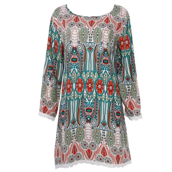 

casual dresses women three-quarters sleeve round neck vintage floral print beach dress, Black;gray