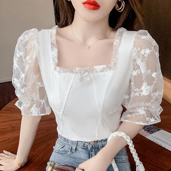 

women's blouses & shirts women square neck 2021 summer korean lace blouse shirt short-sleeved puff sleeve thin flowers 06f, White
