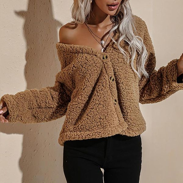 

women's jackets elegant lamb wool autumn winter coat women jacket fleece shaggy warm buttons overcoat streetwear loose outwear femme xl, Black;brown