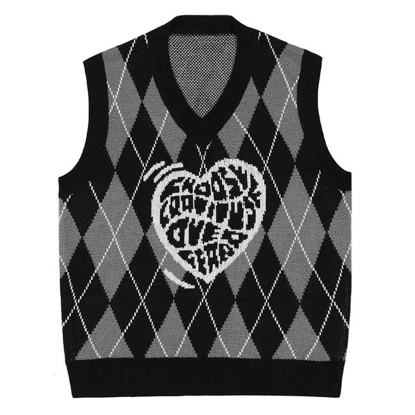 

men's sweaters lacible man harajuku streetwear knitted diamond vest plaid love graphics sweaters casual sleeveless tank, White;black