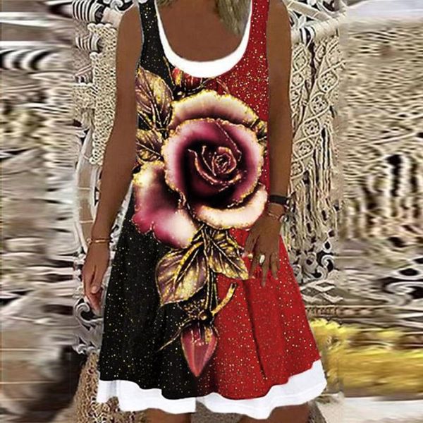 

casual dresses women floral print daily sleeveless fake two pieces bohemian o-neck dress summer vintage harajuku roupas feminina, Black;gray