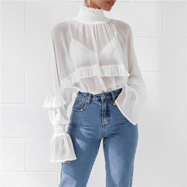 

women's blouses & shirts 2021 women blouse autumn turtleneck chiffon long sleeve solid ruffleturtleneck ladies female, White