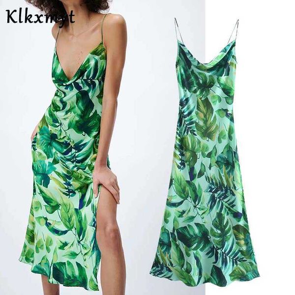 Klkxmyt Za Donna Sexy stile tropicale Stampa colore verde Sling Dress Donna Chic Backless Casual Slim Party Beach Abiti 210527