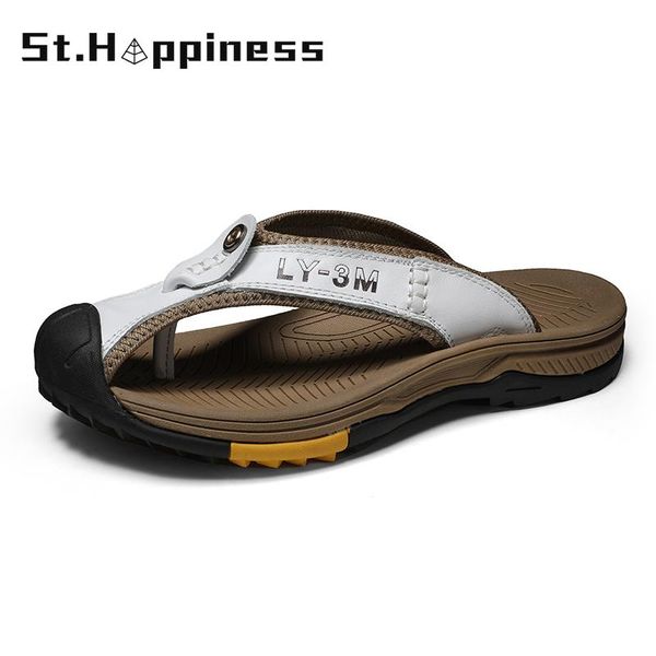 

slippers 2021 summer men's outdoor leather flip-flops designer original slipper fashion casual beach big size 46, Black