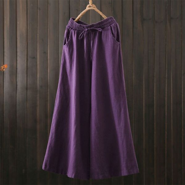 

capris arrival spring arts female elastic waistline loose cotton flaxen vintage purple broad leg v304 pants, Black;white