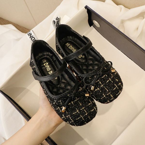 

70% off factory online velcro fashion single shoes women's lovely plaid bow soft bottom princess 2021 korean new girls' trend, Black
