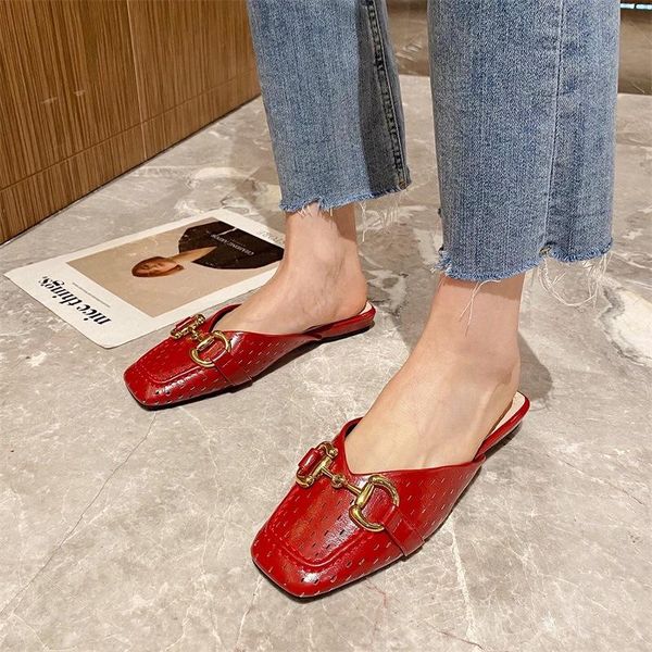 

sandals brand leather women mules shoes casual flat slippers light breathable shallow retro dress, Black