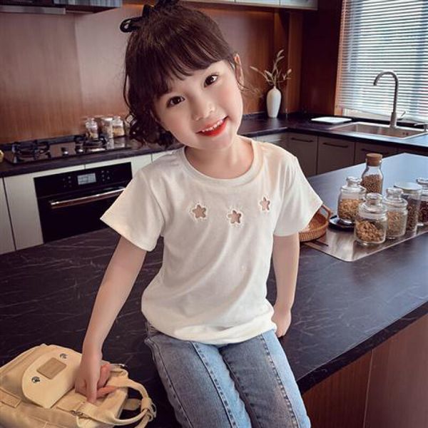 

hongyin girls' short sleeve t-shirt 2021 new summer season thin foreign style children's wear baby middle and small, Blue