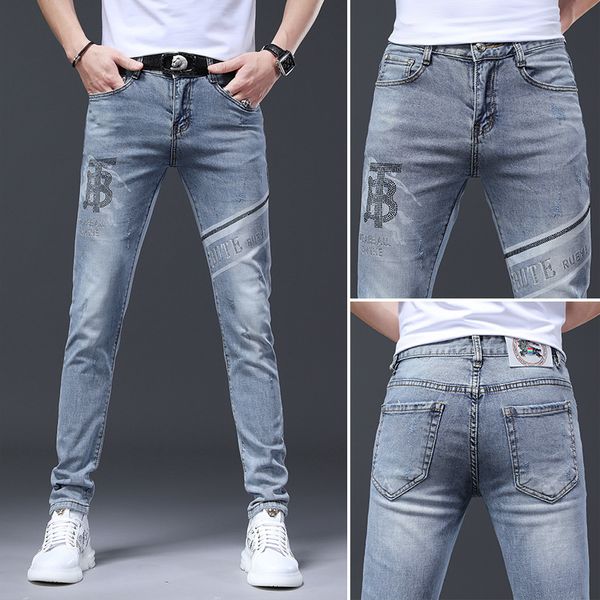 

fashion jeans blue in spring and summer of 2021 men's brand letter embroidery slim fit elastic leggings