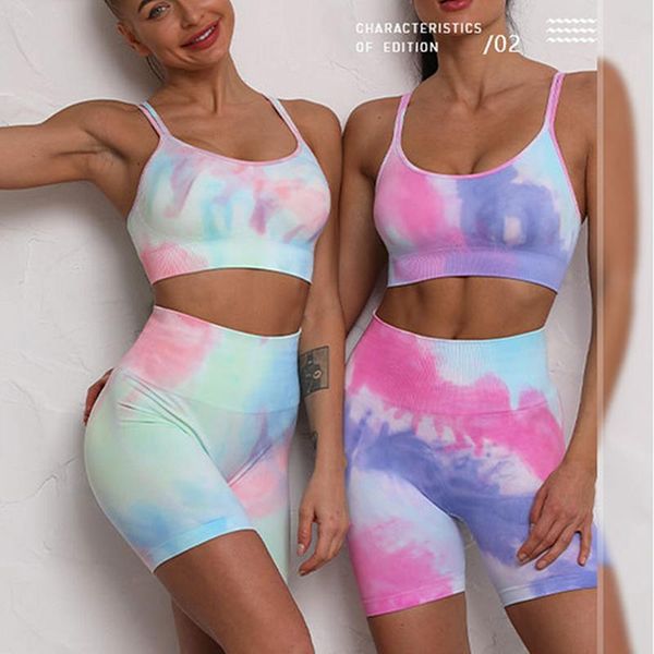 

women's tracksuits tie dye seamless yoga set women female two 2pcs piece crop bra shorts sportwear workout outfit fitness gym suit clot, Gray