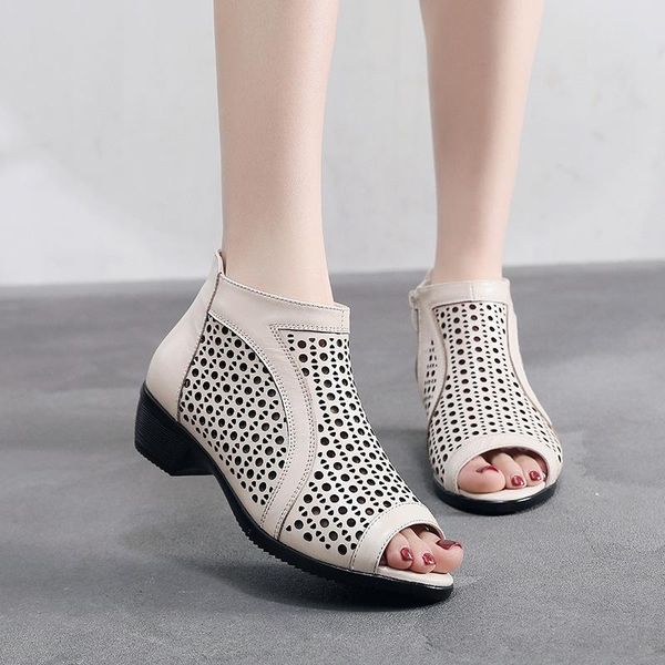 

summer leather roman sandals women's thick heel mid-heel hole shoes casual high-hollow fish mouth yy-46, Black