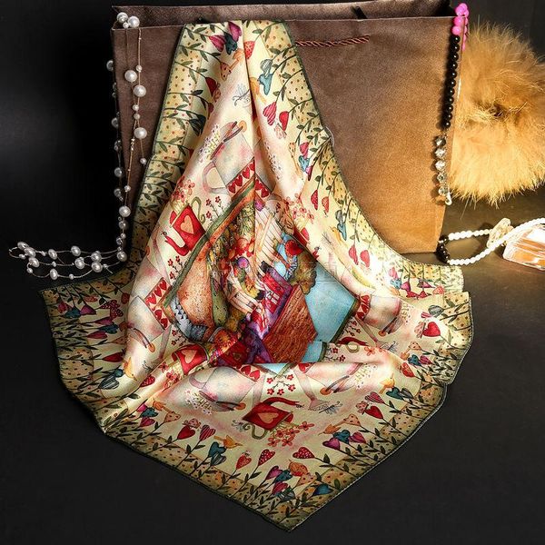 

scarves 100% natural silk square women small bandana cartoon floral print crepe satin plain handkerchief neck band 52*52 cm, Blue;gray