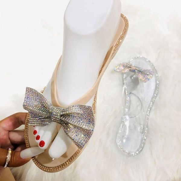 

slippers women's sandals 2021 large size transparent female summer herringbone bow color diamond women fs21s223, Black