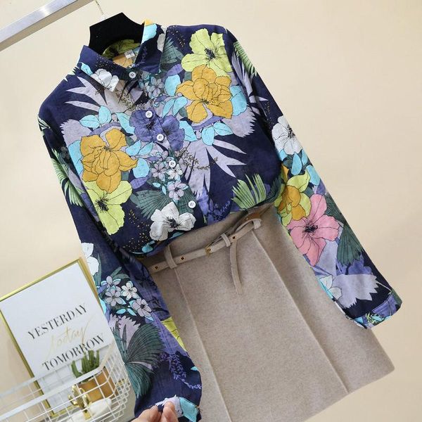 

women's blouses & shirts cotton fashion floral women summer 2021 long-sleeved turn-down collar slim casual all match female outwear, White