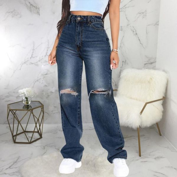 

women's jeans women 2021 street fashion ripped hole wide leg vintage high waist zipper baggy lege blue female denim trousers pants