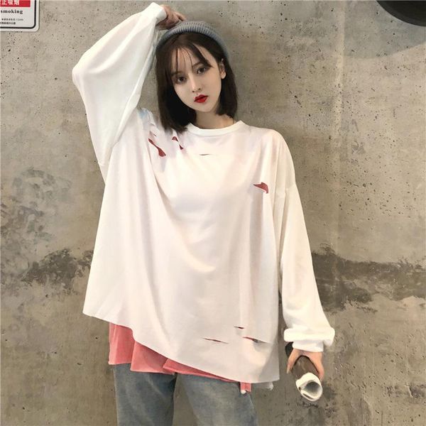 

women's t-shirt fall 2021 women ripped hole fake two long sleeve t shirt hip hop hollow out spliced korean fashion harajuku oversized s, White