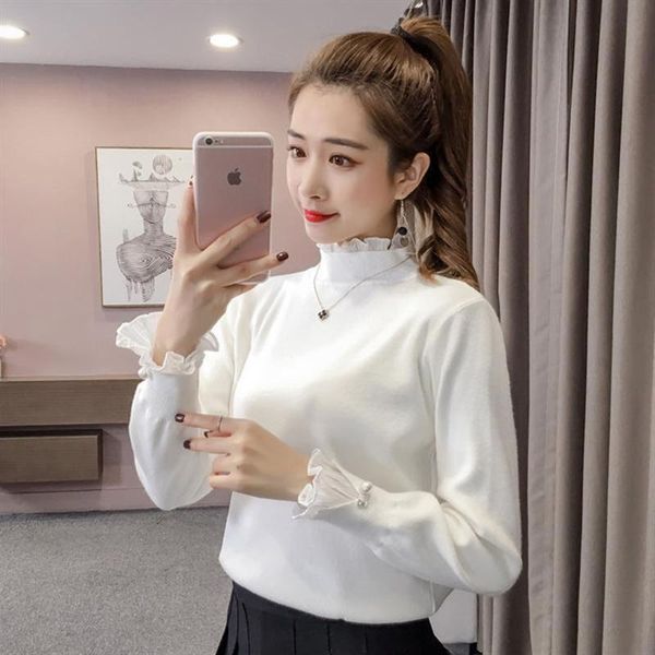

women's sweaters autumn winter 2021 mock neck lace spliced thick chic sweater pullovers korean sweet fake two piece knit female, White;black