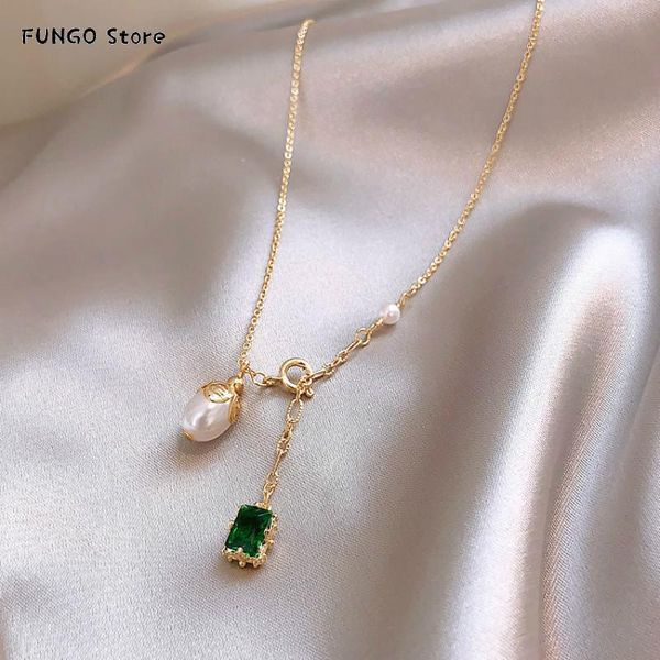 

south korea green pearl pendant necklace delicate elegant clavicle chain geometric simple neck necklaces, Silver