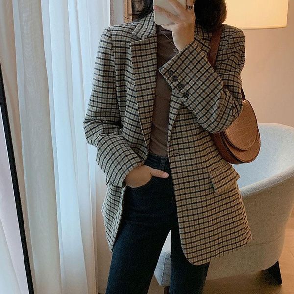 

women's suits & blazers arrival spring autumn korea fashion women long sleeve loose and jackets femme coat vintage woolen plaid blazer, White;black
