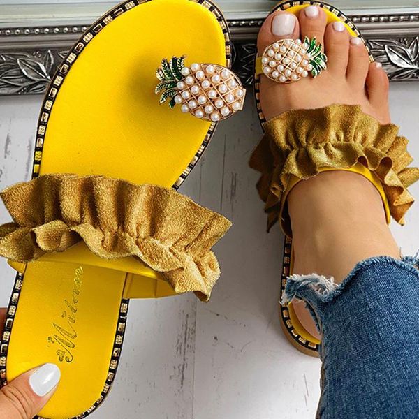 

slippers women summer sandals beach pineapple flat outside slides zapatos de mujer shining crystal ladies shoes, Black