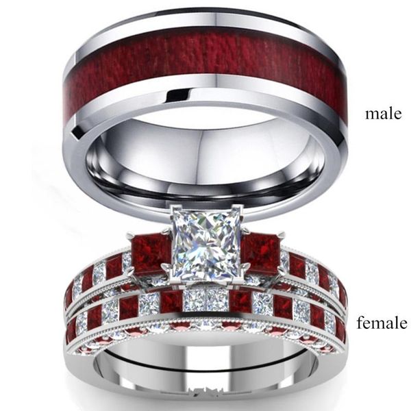 

couple ring jewelry 8mm stainless steel red imitation wood men women's zircon engagement wedding rings, Slivery;golden
