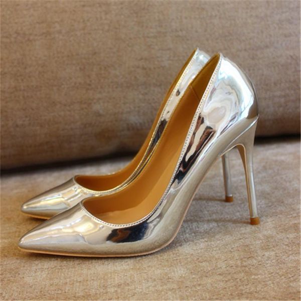 

fashion women pumps silver patent leather pointy toe high heels shoes size33-43 12cm 10cm 8cm party bride dress, Black