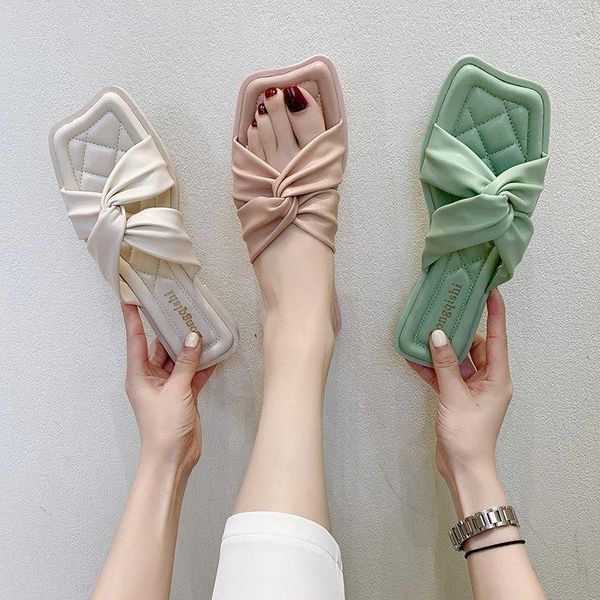 

slippers summer shoes for women 2021 fashion weave flat casual square head solid color sandals outdoor designer flip flop, Black