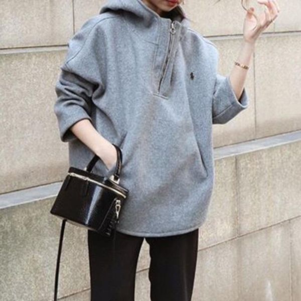 

women's hoodies & sweatshirts street casual sports style hoodie solid color for women with zipper and pocket hooded collar pullover lon, Black