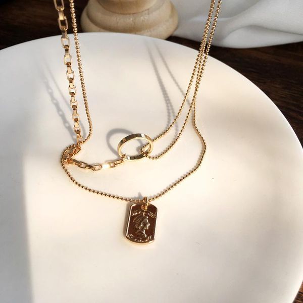 

pendant necklaces ihues fashion person head double-layer clavicle chain light luxury hip-hop niche design sense round wild necklace female, Silver