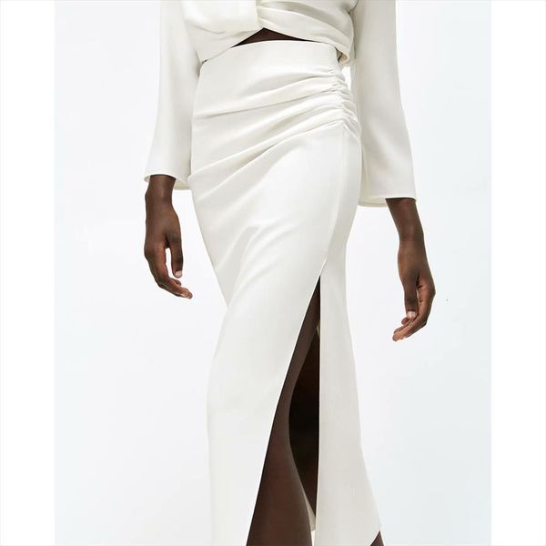 

za chic fashion white women skirts slit draped straight tube vintage high waist back zipper female mujer, Black