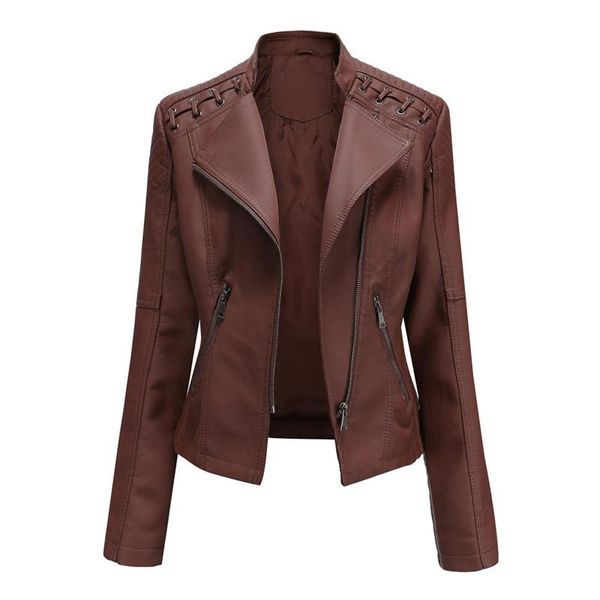 

women autumn winter faux leather jacket zipper stand collar motorcycle slim coat women's jackets, Black;brown
