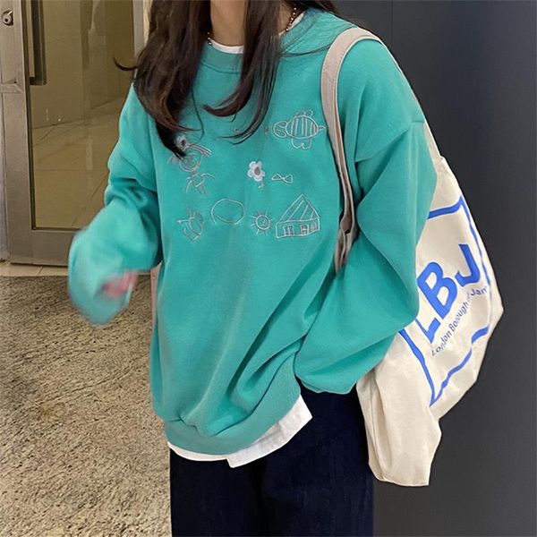 

women's hoodies & sweatshirts japanese harajuku ulzzang vintage loose cartoon embroidery lazy sweatshirt female korean clothing for wom, Black