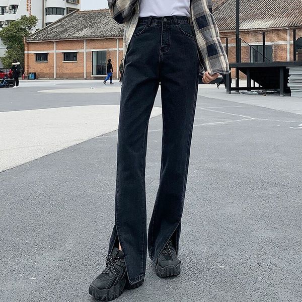 

women's jeans black flared trousers with front slits and leg openings spring high waist loose retro fashion 0o9f, Blue