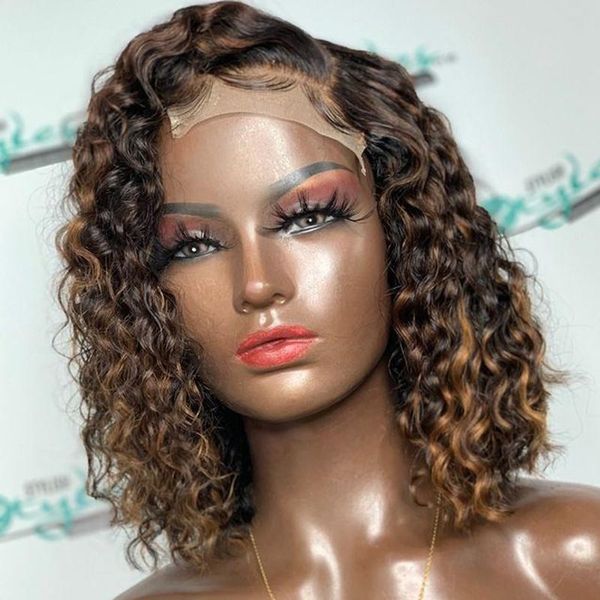 

lace wigs 150density short bob highlight 13x6 front human hair with baby glueless curly full side part remy, Black;brown