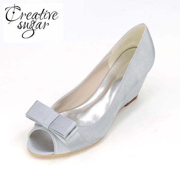 

creativesugar elegant beach wedding wedges medium heel satin with bowknot lady dress shoes royal blue champagne purple white, Black