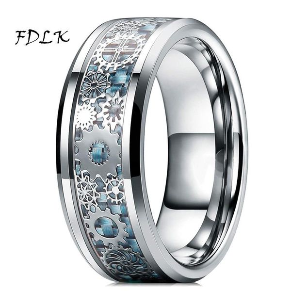 Eheringe Herren Steampunk Zahnrad Edelstahl Ring Drachen Inlay Hellblau Kohlefaser Gothic Band Größe 6-13