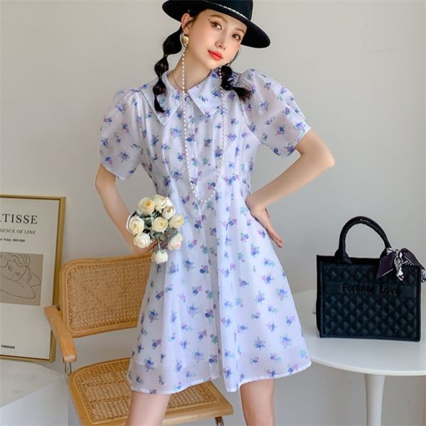 

korean elegant sweet blue floral mini summer dress women ladies short sleeve small fresh a-line casual vestidos 210514, Black;gray