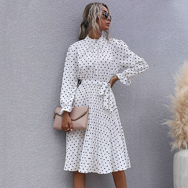 

polka dot print dress women casual half turtleneck butterfly sleeve autumn winter slim bandage fashion dresses for womens, Black;gray
