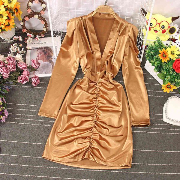 

women's casual spring summer solid dress high waist v neck long sleeve low cut temperament 210520, Black;gray