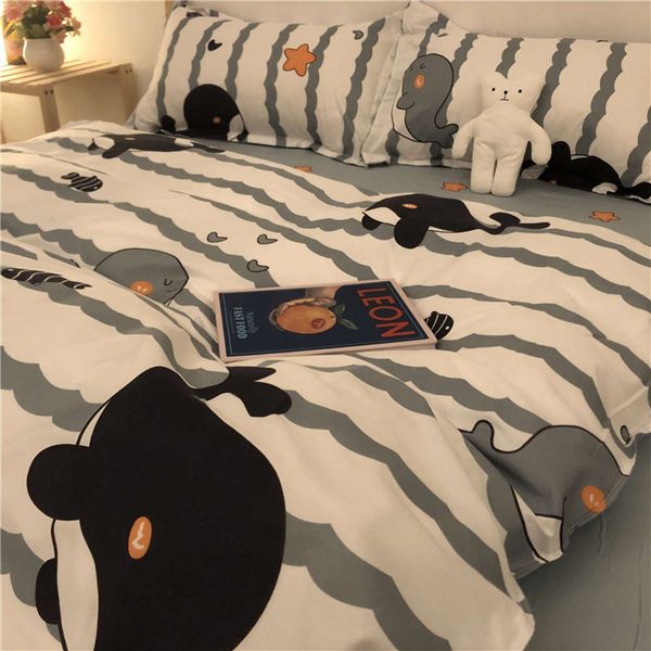 

ins little fresh cartoon cute dolphin 4-piece set simple european stripe bedding quilt cover 3-4-piece