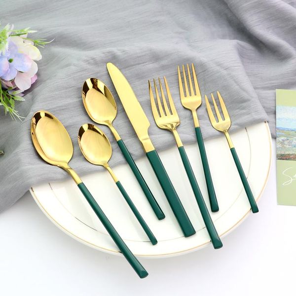 

flatware sets set stainless steel dinnerware knife dessert fork tea spoon green gold kitchen cutlery tableware