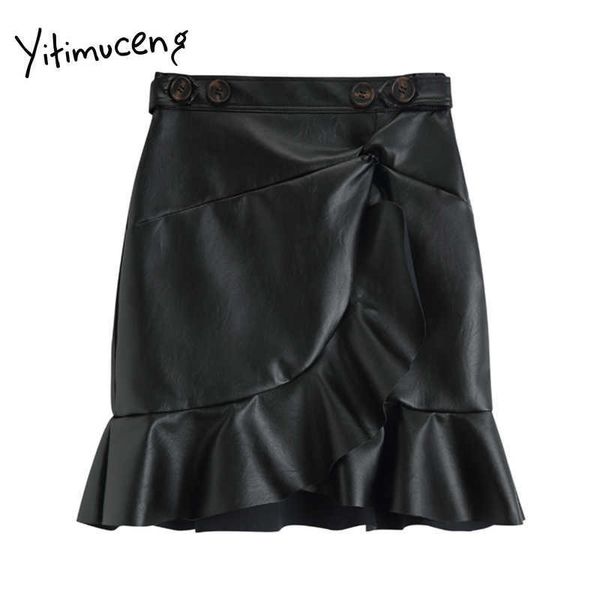 

yitimuceng leather skirts women black high waist short ruffle skirt pleated casual a-line clothing spring fashion streetwear 210601