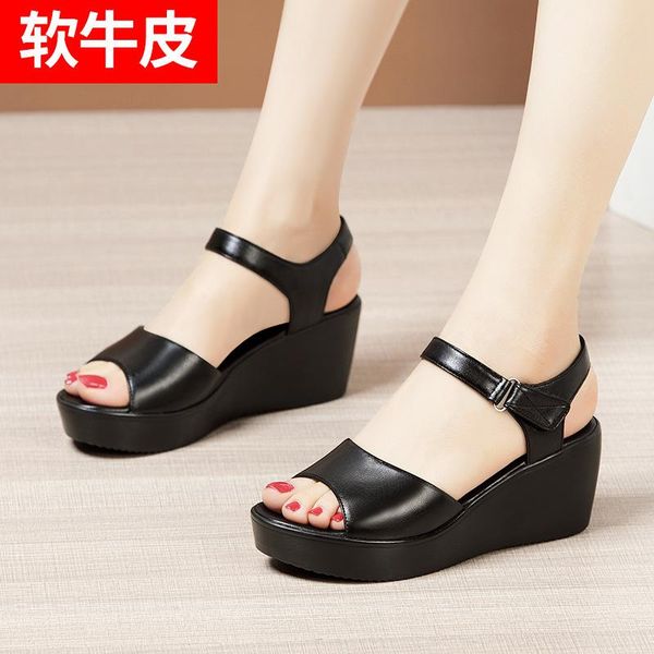 

woman genuine leather ladies summer dress shoe for women 2021 female platform wedge heel elegant sandal 32 35 36 37 39 43 sandals, Black