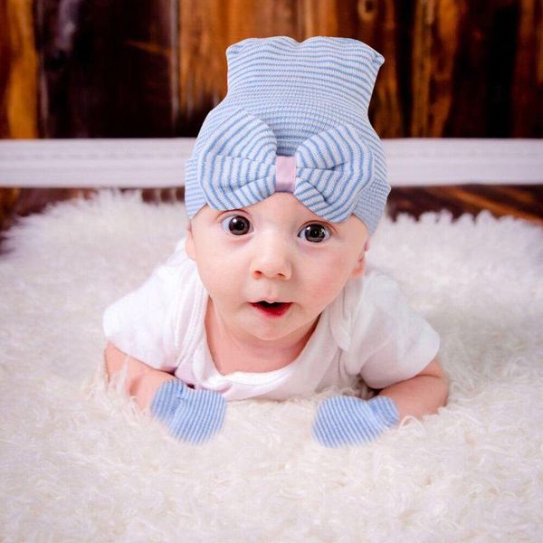 

caps & hats 2 pcs/set born baby hat gloves child warm striped bow cap infants anti-scratch soft cotton glove bathing gifts dropship, Yellow