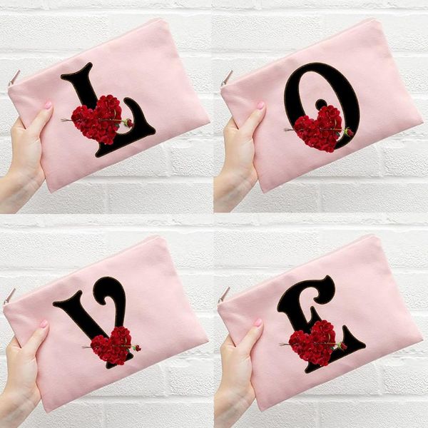 

cosmetic bags & cases alphabet red rose flowers women canvas tote fashion casual zipper pouch makeup organizers female gifts