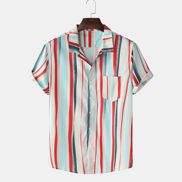 

men's casual shirts summer hawaiian men shirt striped print short sleeve for turn-down collar streetwear loose mens chemise homme, White;black