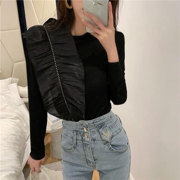 

2colors spring korean style womans slim ruffles patchwork long sleeve t-shirt womens tees shirt femme (n0082) women's, White