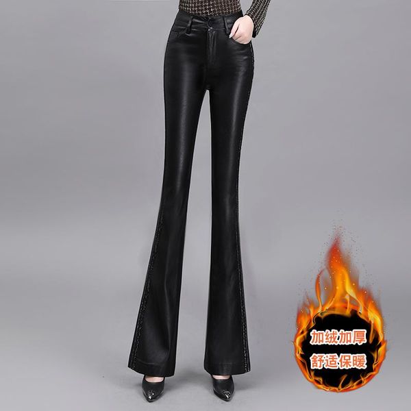 

women's pants & capris casual pu leather 2021 fall/winter slim flared thickened straight trousers korean fashion clothing, Black;white