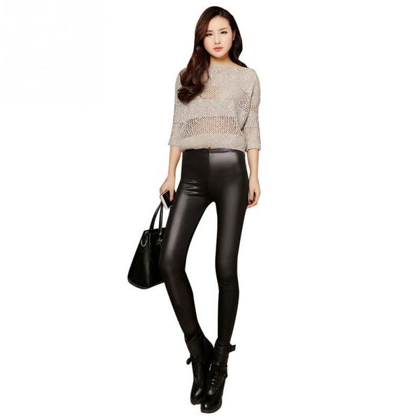 

women's pants & capris trendy women warm solid color pu leather pencil tight stretch leggings slim thin large size winter black nine, Black;white